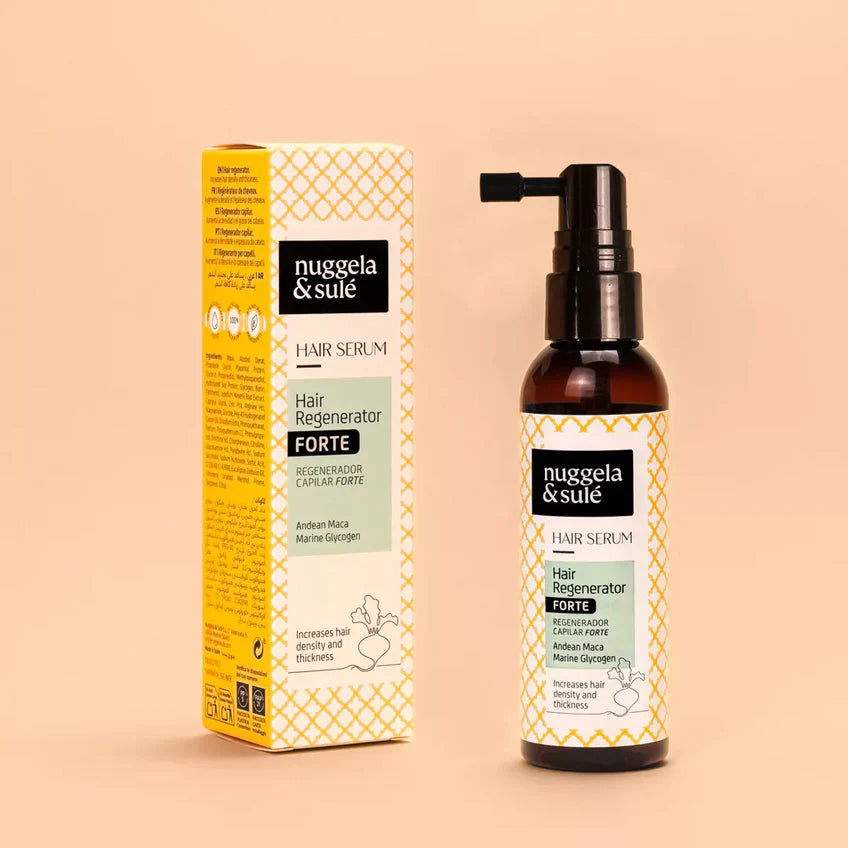 Nuggela & Sulé Hair Regenerator Serum Forte 70 ml mit Verpackung auf hellbeigem Hintergrund