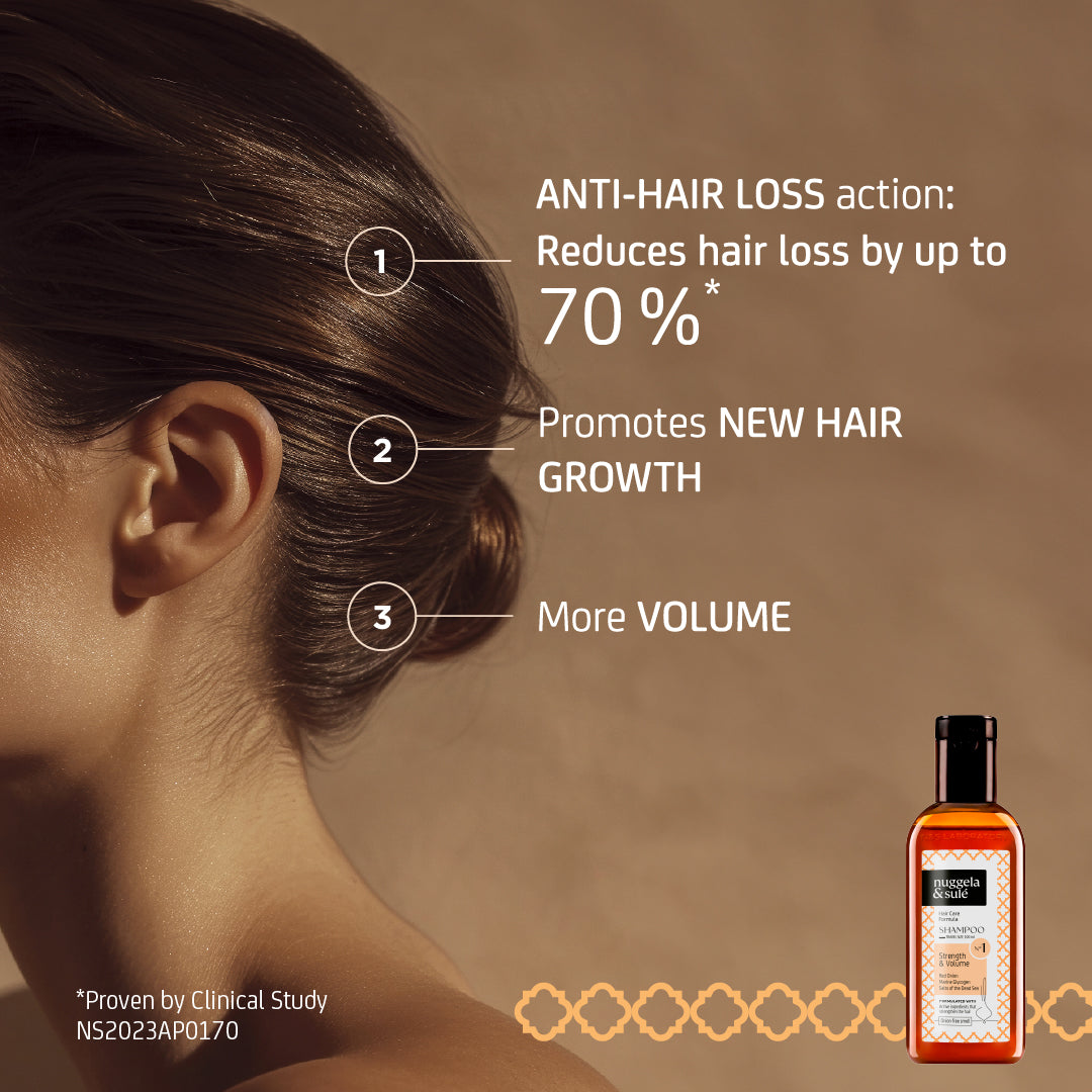 Infografik mit Frau, Nuggela & Sulé Nº1 Shampoo und Angaben zu Haarverlust, Haarwachstum und Volumen